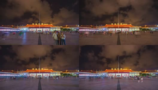 夜光照亮了珠海市拱北口岸入境拥挤的广场全景，4k时间的流逝中国高清在线视频素材下载