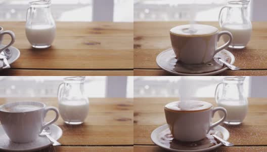 糖洒在木桌上的咖啡杯上高清在线视频素材下载