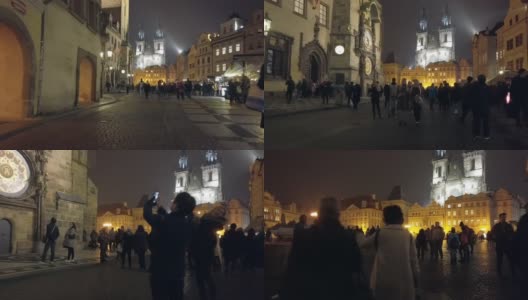 布拉格游客晚上在老城广场上散步高清在线视频素材下载
