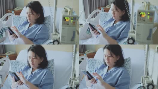 一名亚洲妇女在没有口罩的情况下咳嗽，她通过智能手机搜索了解了COVID-19。高清在线视频素材下载