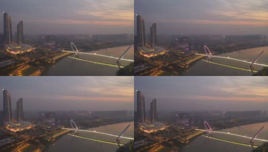 日落夜光南京国际青年文化中心人行滨江大桥航拍全景4k中国高清在线视频素材下载