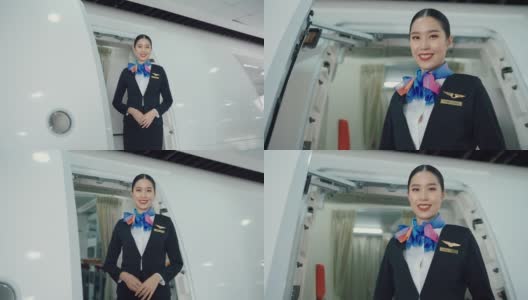美丽的亚洲空姐在飞机上微笑，热情和欢迎。高清在线视频素材下载