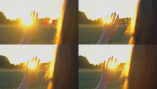 日落时分，妇女们在麦田边用手触摸太阳高清在线视频素材下载