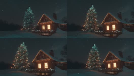 圣诞节完美的冬季童话景观。圣诞老人的木屋被白雪覆盖，旁边是一棵用玩具和花环装饰的巨大的神奇冷杉树。高清在线视频素材下载