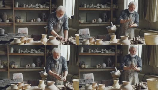 专业男性陶艺家在小作坊里，用陶艺设备、工具和许多陶艺人物，揉制陶土、捏制陶土球。高清在线视频素材下载