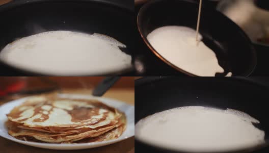 煎锅上的煎饼。制作煎饼。高清在线视频素材下载