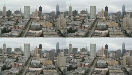 近距离观看市中心大厦，通往旧金山，加州市中心天际线城市景观的道路高清在线视频素材下载