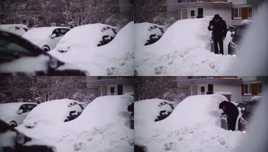 莫斯科居民区，汽车被雪覆盖。高清在线视频素材下载