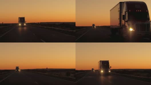 近景:黄昏时分，半挂卡车在乡村公路上行驶高清在线视频素材下载