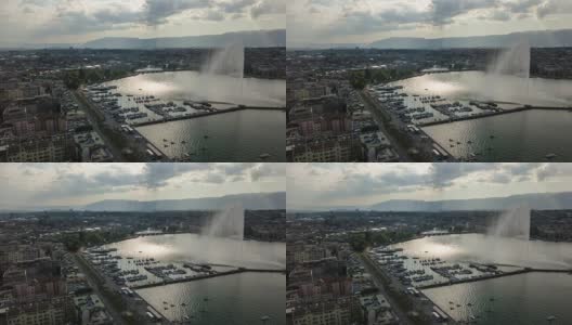 阳光明媚的一天，日内瓦湖著名的喷泉城市景观空中全景，4k时间流逝瑞士高清在线视频素材下载