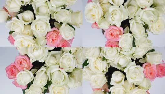 特写，俯视，鲜花，花束，旋转在白色背景，花卉组成由白色和粉色玫瑰。蔷薇，雪崩之蔷薇，神圣之美高清在线视频素材下载