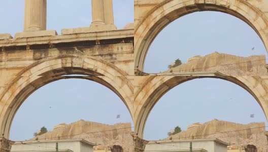 从希腊雅典的哈德良拱门看雅典卫城和帕台农神庙高清在线视频素材下载