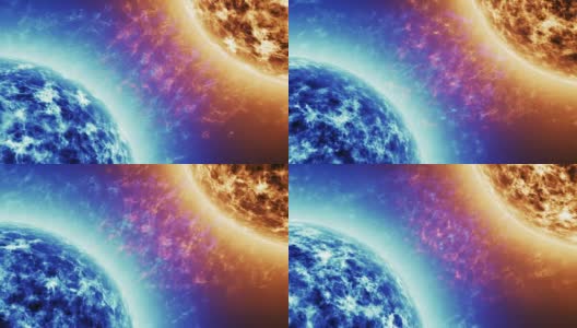 蓝星对红星。红色太阳表面与太阳耀斑对抗蓝色太阳孤立在黑色。高度逼真的太阳表面与空间为您的文本或标志4k。高清在线视频素材下载