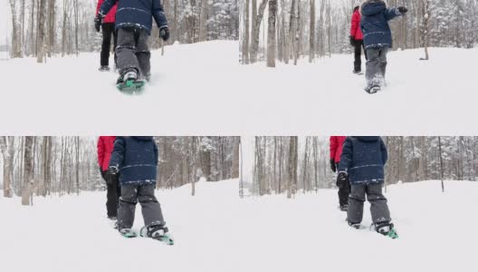 在暴风雪后的冬天，母亲和儿子在户外穿雪鞋高清在线视频素材下载