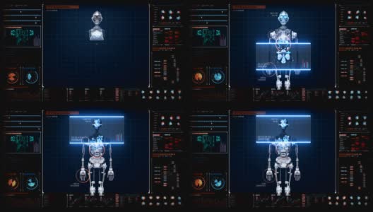 制造3D仿人机器人身体，未来用户显示扫描身体，人工智能，4k动画。高清在线视频素材下载