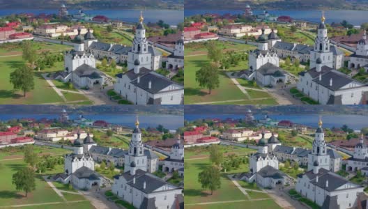 斯维亚日斯克岛的鸟瞰图。飞越斯维亚日斯克镇，位于俄罗斯伏尔加河岛上高清在线视频素材下载