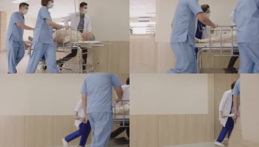 一组年轻的亚洲医生，护士和工作人员推担架在走廊走廊医院与昏迷病人在床上全设施在辅助医疗保健医疗概念。高清在线视频素材下载