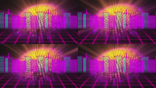轮廓摩天大楼在橙色和紫色灯光下的动画高清在线视频素材下载