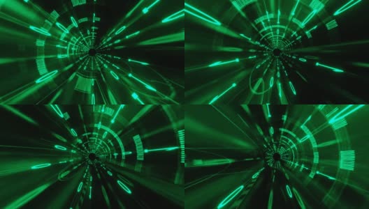 霓虹灯移动旋转数字绿色二元隧道，通往黑色空间。4 k运动图形高清在线视频素材下载