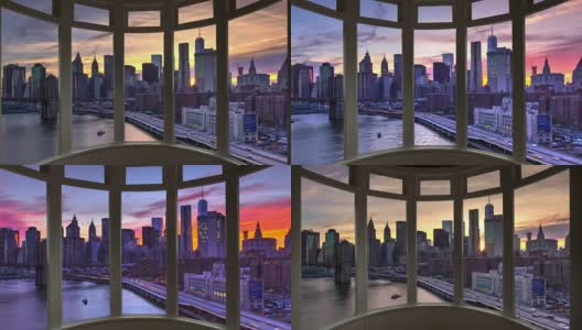 黄昏纽约城市景观时间流逝窗口全景城市景观曼哈顿高清在线视频素材下载