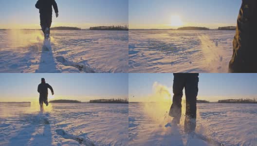 慢动作男人在新落的雪中奔跑高清在线视频素材下载