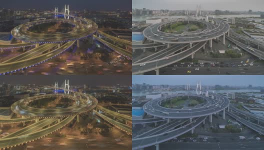 中国上海南浦大桥螺旋路交通时间的白天到晚上的4k视频高清在线视频素材下载