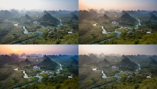 桂林日落景观，漓江和喀斯特山脉称为翠屏或五指山位于广西，中国高清在线视频素材下载