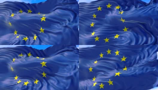 欧盟旗，带杆的欧元旗，飘扬的欧盟旗，蓝色背景上的黄色星星，蓝天白云高清在线视频素材下载
