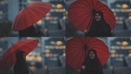 红伞下的快乐女人在市中心散步高清在线视频素材下载