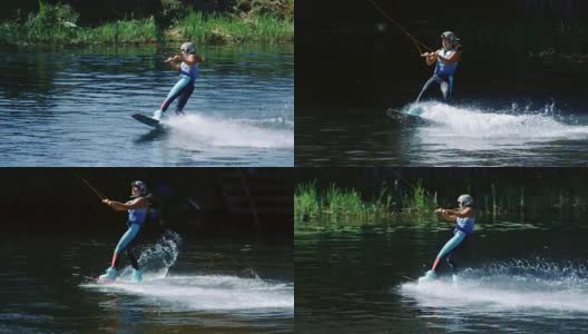 运动女子在水上滑行。在湖上学习滑水的女孩高清在线视频素材下载