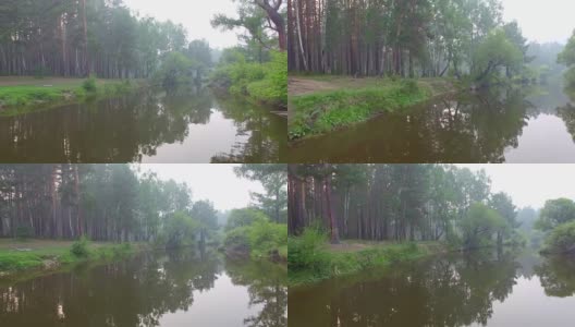 空中视频。夏季森林里有一条小山河高清在线视频素材下载