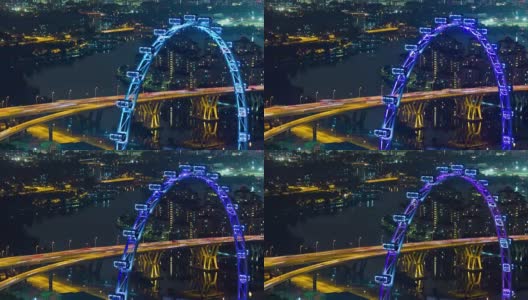 夜晚照亮了新加坡著名的飞行交通大桥道路顶部全景4k时间流逝高清在线视频素材下载