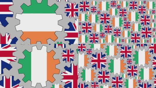英国和爱尔兰国旗齿轮旋转背景缩小高清在线视频素材下载