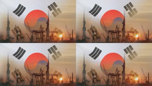 日落时韩国国旗的工业概念高清在线视频素材下载