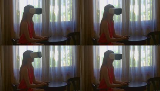女人坐在虚拟现实头盔窗口特写高清在线视频素材下载