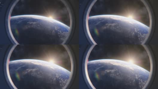 从国际空间站的舷窗上可以看到令人惊叹的地球景色。初升的太阳照亮了我们蓝色星球的云朵、海洋和和平的城市。科学准确的3D视觉特效渲染高清在线视频素材下载