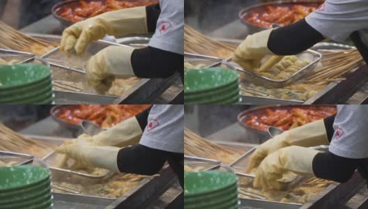 韩式鱼饼、菜汤、菜汤，韩国街头小吃高清在线视频素材下载