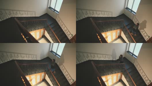 女人秋衣爬楼梯多层楼台阶沿着系列台阶高清在线视频素材下载