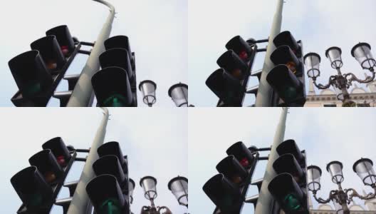 市中心的交通灯靠近街灯高清在线视频素材下载