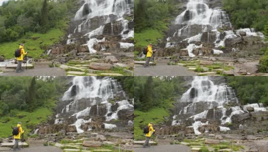 沃斯、Hordaland、挪威。春天的瀑布。年轻的白人女性游客正在拍摄挪威最高的瀑布。著名的挪威地标和受欢迎的目的地高清在线视频素材下载