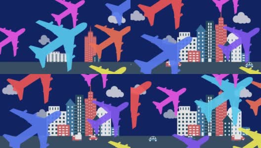 彩色飞机在深蓝色背景上飞过城市的动画高清在线视频素材下载