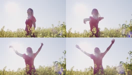 一名年轻女子在油菜花盛开的田野里放松的4k视频片段高清在线视频素材下载