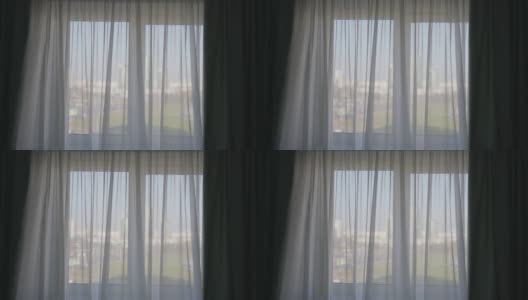 白色薄窗帘室内装饰在客厅与阳光高清在线视频素材下载