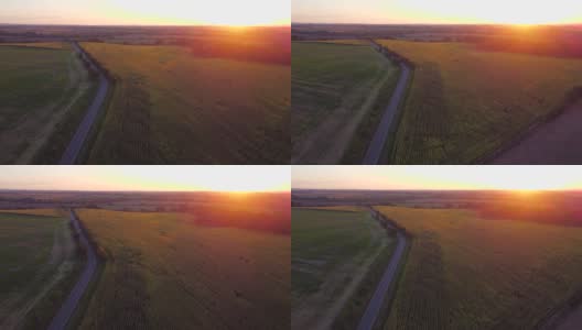 在夕阳下飞过一片草地时，可以看到一个小镇的背景。缓慢平稳的飞行。高清在线视频素材下载