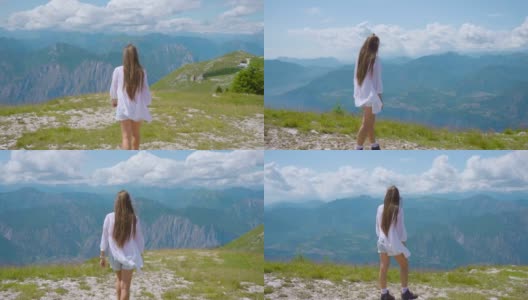 夏天，小女孩在阿尔卑斯山上漫步高清在线视频素材下载
