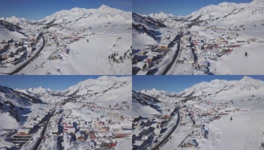 奥地利萨尔茨堡的奥伯陶恩滑雪村鸟瞰图，从24帧提高到2.5倍。高清在线视频素材下载