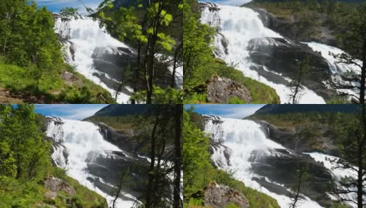 Kinsarvik Hordaland,挪威。奈斯托佛森瀑布位于哈当厄达高原。Nyastolsfossen在春天的晴天。高度115米。著名的挪威地标和热门目的地4K高清在线视频素材下载