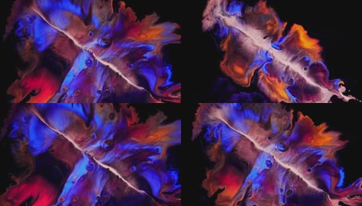 大理石质感的墨水流淌成蓝、红、黄、黑的底色高清在线视频素材下载