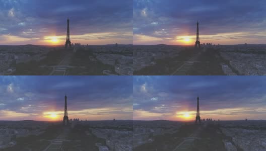 巴黎日落时埃菲尔铁塔的鸟瞰图高清在线视频素材下载
