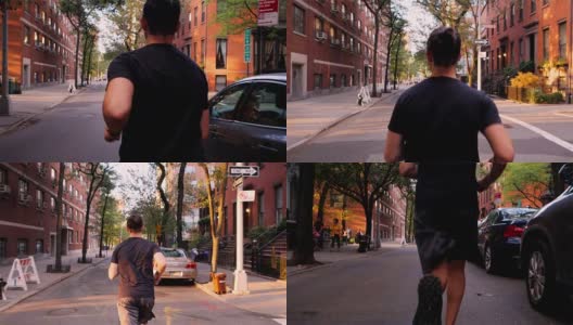 年轻人在纽约市的背景下锻炼高清在线视频素材下载